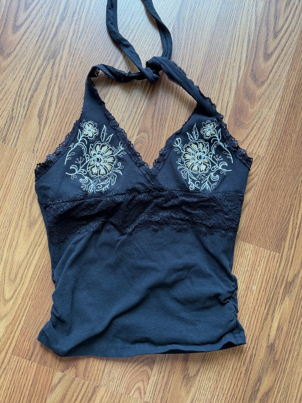 Y2K Black Floral Embroidered Lace Halter Top Size Small
